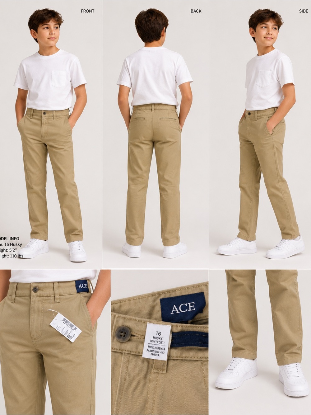 Husky Boys school pants khaki Straight Fit size 16 husky adjustable band NWT